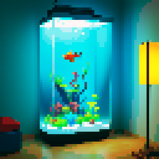 A tall aquarium fish tank in a dim room
