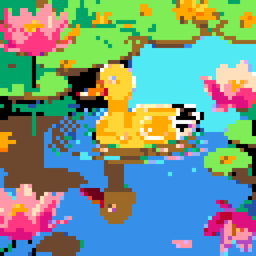 duck in a pond, vibrant colors, pixelated water ripples, serene reflection, lush greenery, blooming flowers, hand-drawn details