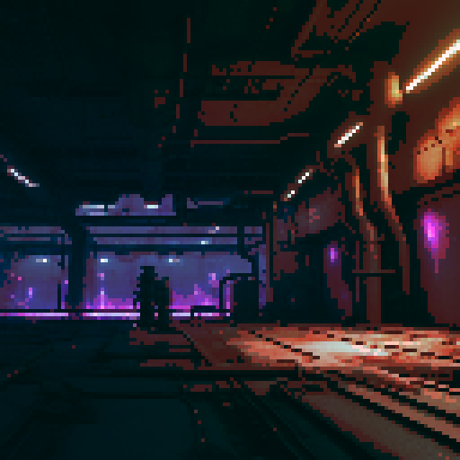 A toxic, industrial battleground viewed from inside, with the perspective angled slightly upward to show depth. The foreground features a corroded metallic floor, providing space for characters to stand, while glowing pinkish-purple toxic pools are set further back, surrounded by rusted machinery and leaking pipes. The background displays industrial walls with flickering lights, framing the scene and giving a sense of enclosure.