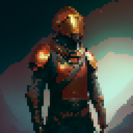 greek hoplite in copper armor, shield, corinthian helmet without plume, red tunic, red-edged sandals, long spear, 32x32 sprite style, pixel art