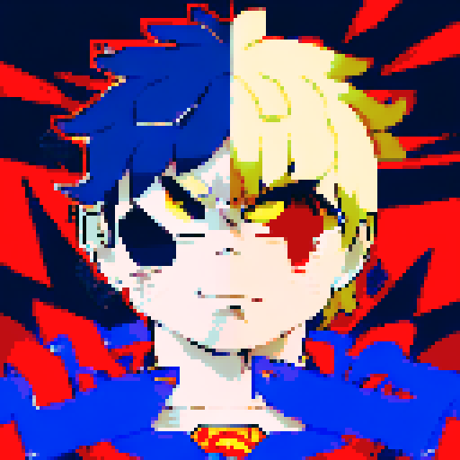 pixelated superman, close-up, anime style, vibrant colors, strong jawline, intense gaze, spiky hair, glowing blue eyes, defined muscles, iconic red and blue suit, pixel art