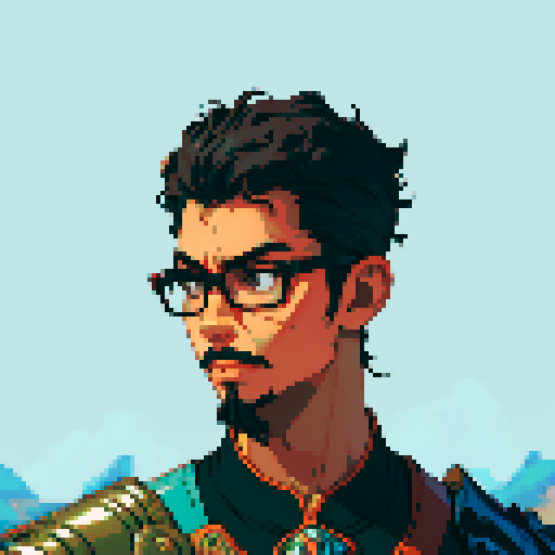 Southeast Asian man, short curly hair, round glasses, tanned, goatee, diamond shaped face, black eyes, age 25, wearing a armor
