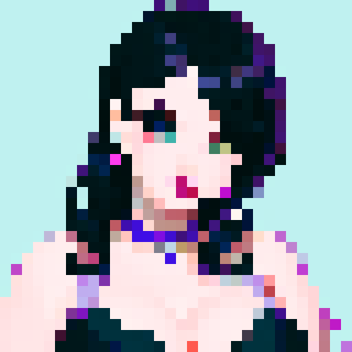 curvy, cute goth girl with black hair, wearing purple eyeshadow and red lipstick, in a pixel art glamour shot, with vibrant sRGB colors