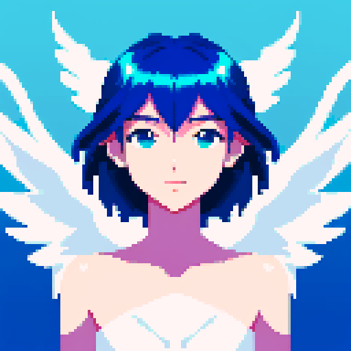
Beautiful, ethereal angel with shimmering wings and flowing, liquid-like chrome body, rendered in minimalist pixel art with vibrant, dazzling sRGB colors