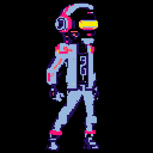 cyberpunk space trader sprite, pixel art, futuristic design, cybernetic arm with intricate detailing, glowing yellow-orange visor over the eyes, trench coat with glowing lines, blue and teal color palette with neon pink and yellow accents, distinct sci-fi aesthetic, confident posture, mid-step with arms extended