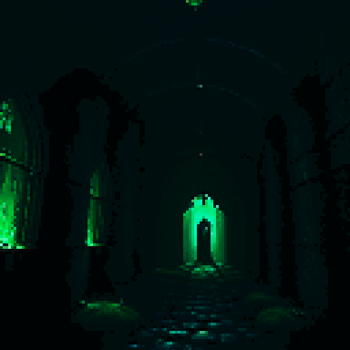 Dark, eerie, moss-covered, torch-lit, dungeon corridor with cobweb-filled crevices, rusty iron bars, and a foreboding, ominous atmosphere, all depicted in pixel art with vivid sRGB colors