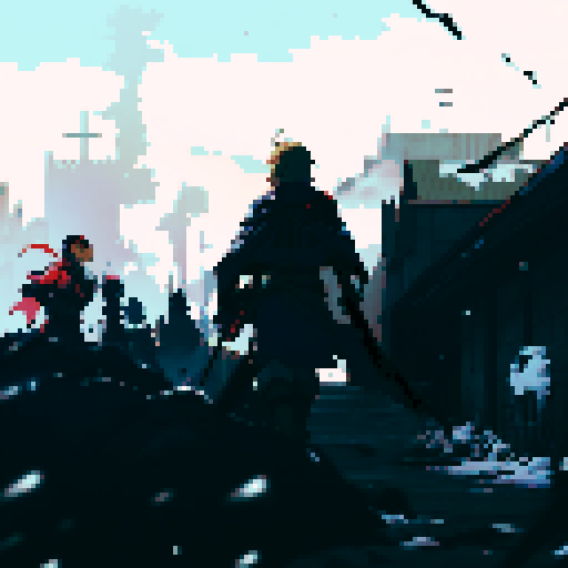 Final fantasy tactics detail soldier walking towards war torn city with a panzer faust on his back and a rifle in his hand. A Squad Mate of his is looking towards him in background, he has a cape on and a hood. City has snow on it. Colorful but not to bright of colors. 
