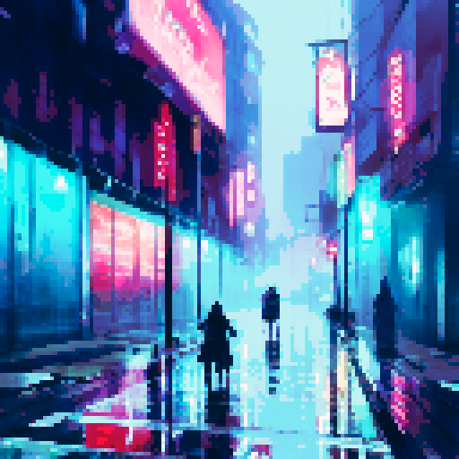 rain-soaked streets, towering skyscrapers, vibrant neon lights, cascading water droplets, misty reflections, umbrella-clad pedestrians, foggy silhouettes, glistening pavement, moody atmosphere, dramatic cityscape
