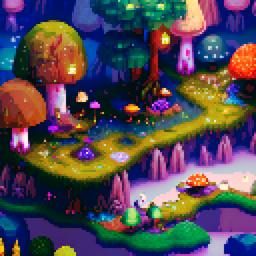 Fantasy, top-down forest, vibrant color palette, towering trees, moss-covered rocks, winding paths, magical creatures, hidden treasures, glowing mushrooms, sparkling waterfalls, ethereal fog, sunbeams streaming through branches, whimsical flowers, enchanting atmosphere, pixel art, tileset, game development, asset