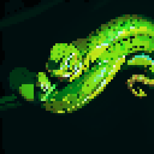 Green pit viper, night time, dark background