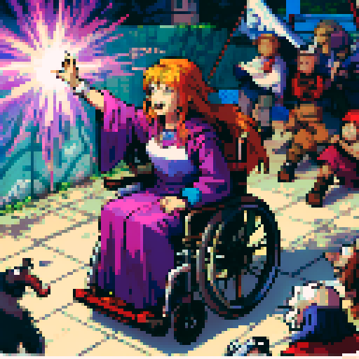 wheelchair bound school girl, vibrant playground, colorful murals, friends playing, sunny day, pixel art, sRGB