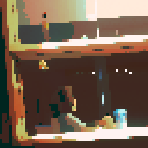 boy with long hair, hat on, bottle next to him, unbothered, mirror reflecting party behind him, pixel art