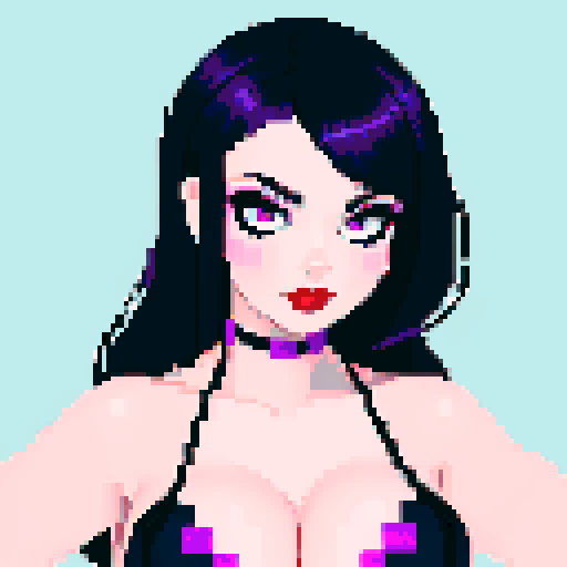 curvy, cute goth girl with black hair, purple eyeshadow, and red lipstick, wearing a bikini, in a glamour shot, with pixel art and sRGB style
