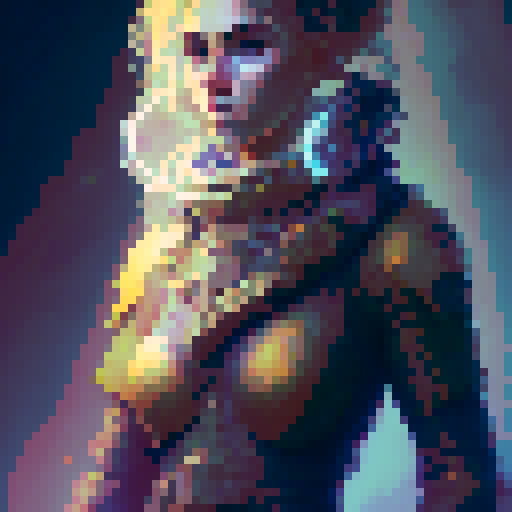 strong, busty, pixelated tavernkeeper woman portrait with non-vibrant colors, emphasized facial features