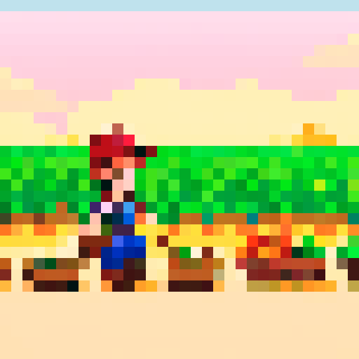 Stardew valley farmer tending to vibrant, pixelated crops under the warm, sRGB sun
