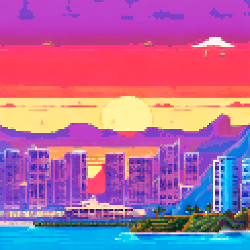 Monaco skyline at sunset, towering palm trees, sparkling ocean, grandstands filled with spectators cheering on their favorite racer, all depicted in retro pixel art style with a muted sRGB color palette