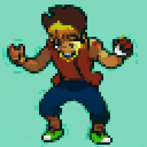 Please create four different altenate, silly stances for this trainer sprite of Jerome, the silly main xqc fan rival. 64x64, magenta/transparent background. different stances. They should be like Pokemon Emerald/Firered/Leafgreen sprites, shaded, same clothes and afro