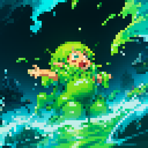 tidal wave of thick slime, thick gooy slime, heroes drowning in slime, slime surrounding heroes, heroes sinking into slime