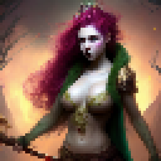 Naked girl with flowing red hair and glowing green eyes stands defiantly in a magical forest, surrounded by fantastical creatures like unicorns, dragons, and griffins, while holding a glowing, golden sword in one hand and a shimmering, emerald staff in the other, all in the style of a classic Fantasy RPG.