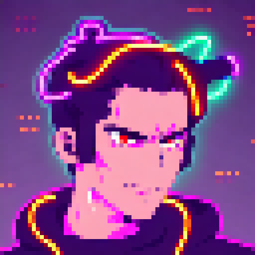 Glowing cyberpunk hacker with slicked back hair and a neon visor, surrounded by flickering neon lights and a futuristic cityscape, all depicted in the vibrant and edgy Yo-Hokki style.