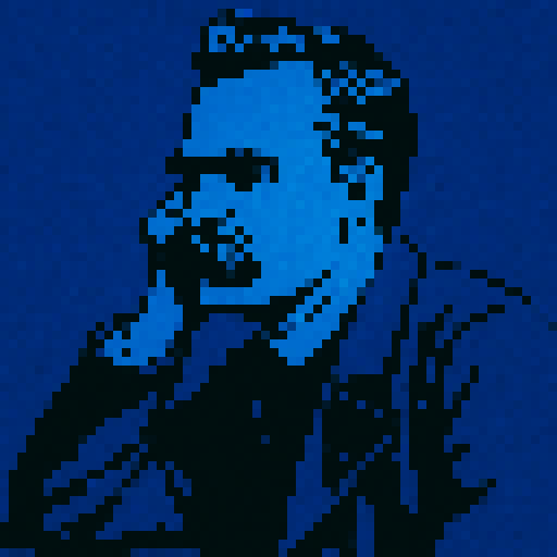 A portrait of Nietzsche with one elbow's on, blue outline, and black inner part