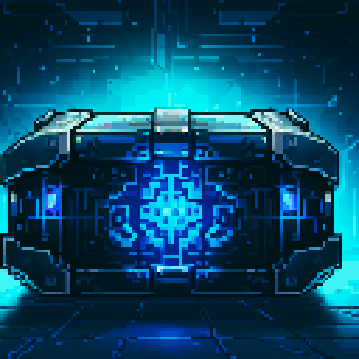 mystery box, stone, metall, shiny, pixel art, sRGB, vibrant colors, glowing lights, intricate patterns
