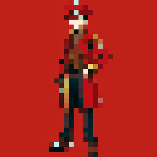 steampunk young man, red coat, red hat, 2D game stance, pixel art, sRGB, full body