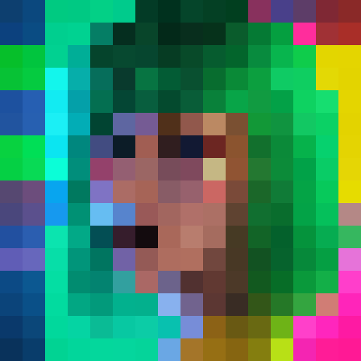 Female AI entity, futuristic cyberpunk, vibrant neon colors, glowing circuitry, mechanical augmentations, pixelated 16x16 game icon, close-up portrait, striking purple hair, piercing green eyes, metallic faceplate, intricate digital patterns, glitching holographic display