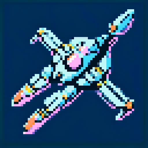 16-bit pixel art small spaceship, blocky silver hull with tiny rust dots, glowing cyan engines on the back, flying fast with a thin cyan-magenta hyperspace trail streaming behind it, no background, SNES retro style, 64x64px grid, limited 8-color palette, sharp pixel edges, minimal detail.”

