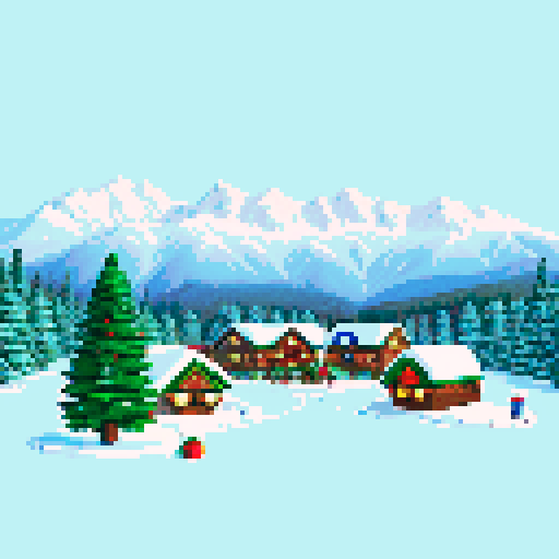 snowy mountain range ski town with a tiny lodge, igloo, campsite, cold, pixel art, sRGB, christmas themed