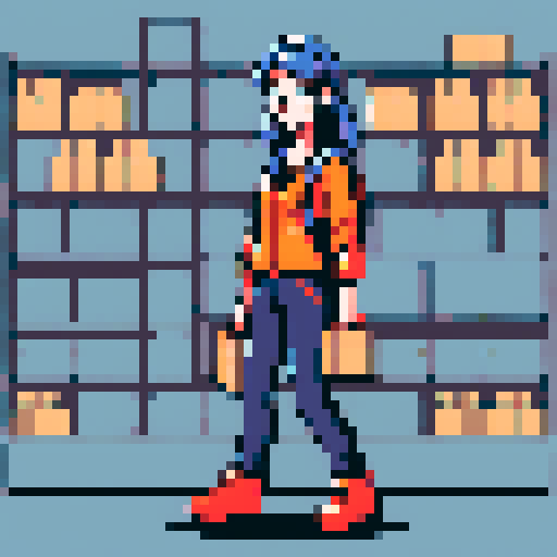 young, female warehouse worker, Amazon Germany, pixel art