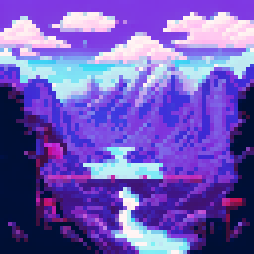 Pixel art mountain range with snow-capped peaks and misty clouds floating above, set against a stunning sRGB background of seamlessly blended purple and pink hues