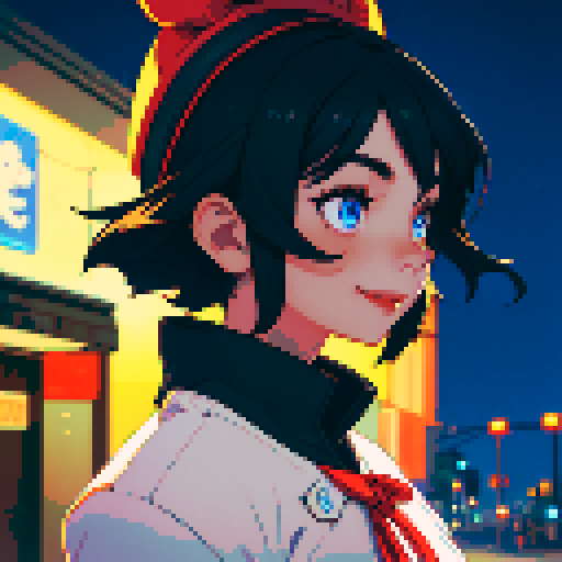 Night city street light background, profile picture, young girl, smile, rounded face, blue eyes, short black hair, white shirt, beige hat, red neck ribbon, facing directly