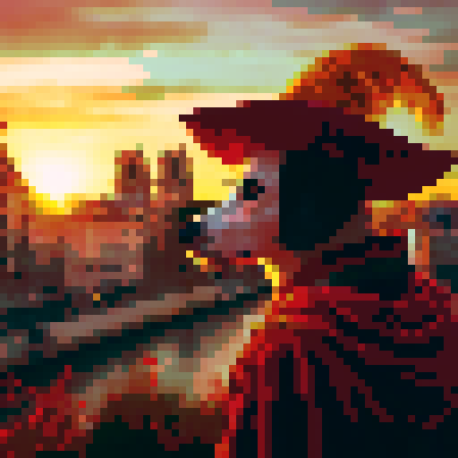 A dog as a musqueeter looking at a sunset in medieval Paris