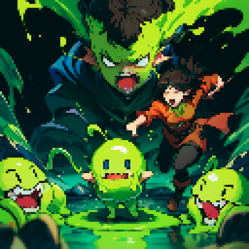 slime surging up around someone, slime engulfing a hero, slime consuming a hero, hero getting engulfed by slime, slime attack, dynamic, slime slamming into someone, impact, splashing slime, full-body image, full-body art, black hair, brown outfit