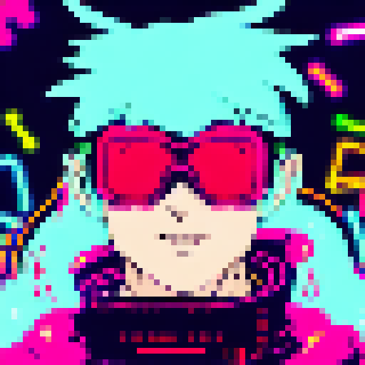 Glowing cyberpunk hacker with slicked back hair and a neon visor, surrounded by flickering neon lights and a futuristic cityscape, all depicted in the vibrant and edgy Yo-Hokki style.