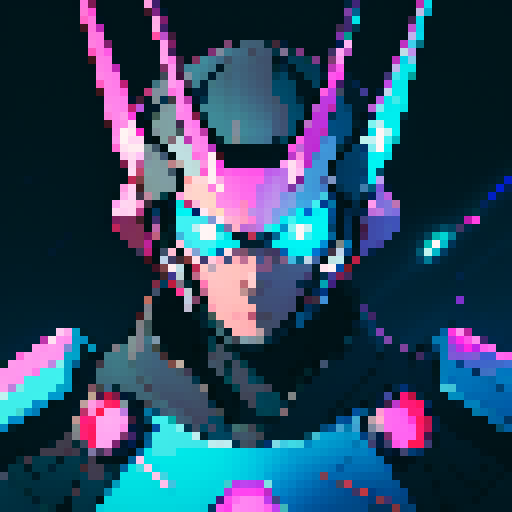 space mech suit, helmeted male pilot, vibrant colors, retro pixel art, futuristic design, glowing neon lights, metallic armor, sleek and angular shapes, dynamic pose, starry background, cosmic energy, intricate details, mechanical joints, digital display, holographic interface, sci-fi atmosphere, powerful weaponry, high-tech gadgets