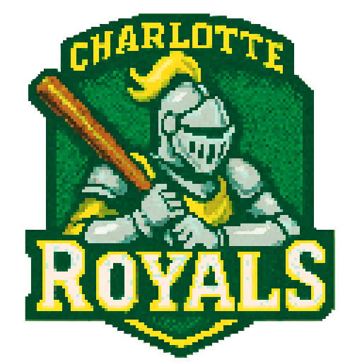 Pixel art of a fictional baseball team called the Charlotte Royals.  The mascot is a knight. green, yellow, and light gray, sharp outlines, and soft pixel shading. The logo design mimics 80s MLB logos. Use a vibrant Sega Genesis 16-bit style with selective dithering, geometric forms, and nostalgic retro charm. Avoid modern gradients—keep it pure pixel art.