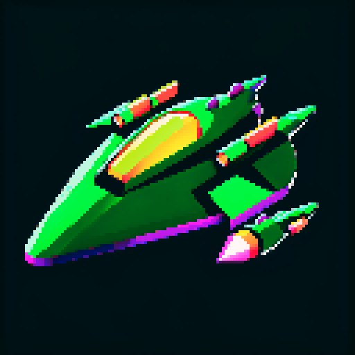 Green spaceship, retro, low resolution, vibrant colors, geometric shapes, angular design, glowing thrusters, metallic finish, glossy surface, starry background, cosmic atmosphere, sci-fi aesthetic, futuristic, extraterrestrial, otherworldly, nostalgic, video game-inspired