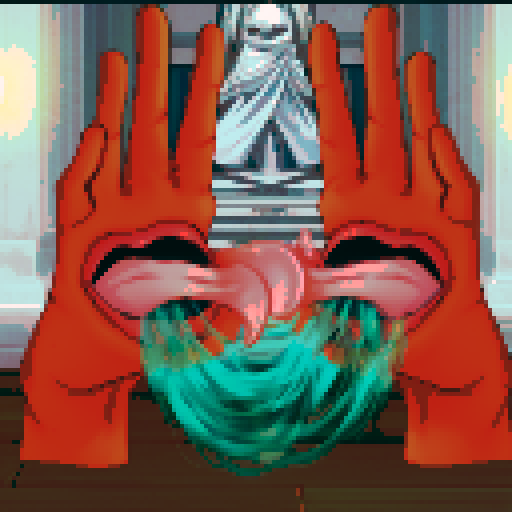 Hand monsters with a mouth and entwined tongue and saliva