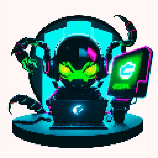 cute cyberpunk scorpion with expressive joyful eyes, and a playful smile, scorpion is playing computer games, tables with coca cola, scorpion's tail should be fully in the picture, bright yellow and cyan and pink lights