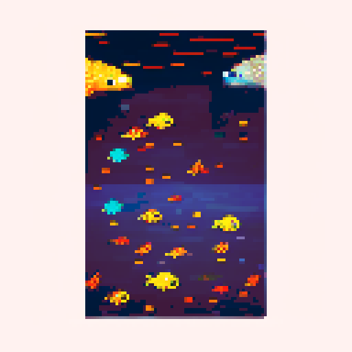 vertical underwater scene, bright fish fleeing, trawl chasing, fish hooks, sea mines, nests, fishing boat launching hooks, bright, sunny, atmospheric, pixel art, sRGB