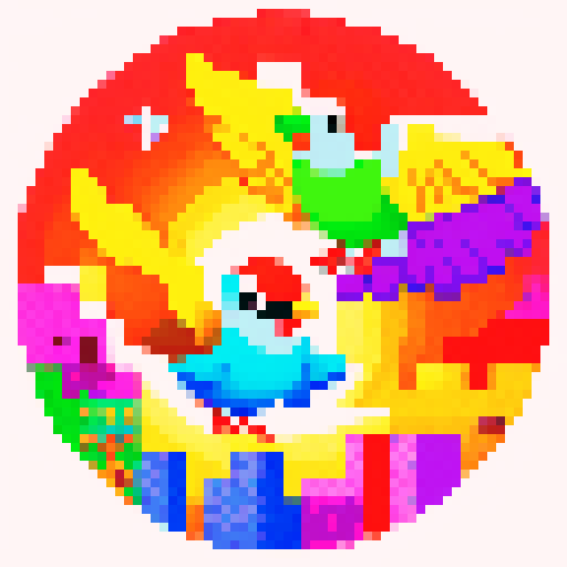 colorful, vibrant, pixelated birds, flying in a mesmerizing, sRGB palette