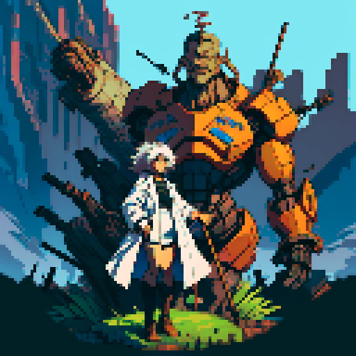 full-body image of a mad scientist with wild hair, lab coat, and goggles, who is facing to the left, giant robot towering in the background, detailed pixel art