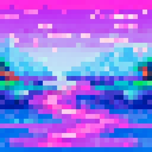 animated, side view, pixel art, sRGB, water flowing, background, landscape, vibrant colors, rippling waves, sparkling highlights, digital art, retro style, flowing river, serene atmosphere, natural scenery