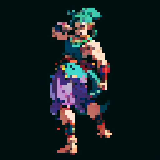 pixel art, sRGB, human dog fighter, intense eyes, muscular build, fierce expression, pointy ears, wagging tail, powerful punches, dynamic poses, vibrant colors, retro aesthetic, detailed pixelation, 2D fighting game, unique character design
