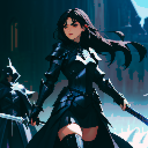 male, black armor, giant sword, long black hair, sexy, dark knight