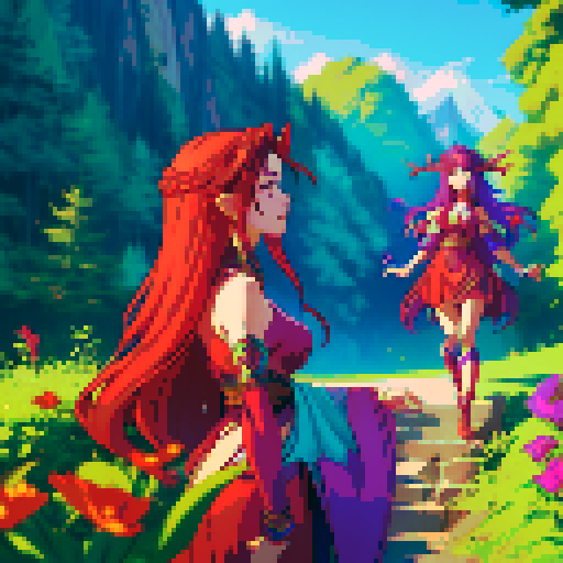 A red goddess, a purple goddess, a blue goddess, and a green goddess are together.