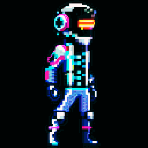 cyberpunk space trader sprite, pixel art, futuristic design, cybernetic arm with intricate detailing, glowing yellow-orange visor over the eyes, trench coat with glowing lines, blue and teal color palette with neon pink and yellow accents, distinct sci-fi aesthetic, confident posture, mid-step left first, left leg bent, arms extended, pixel art, sRGB