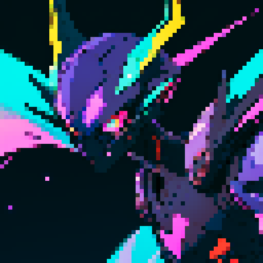 Generate an image of a dangerous cosmic ant from the future. This ant should have an otherworldly appearance, with an armored exoskeleton featuring iridescent colors that shift between dark purples, blues, and vibrant yellows. Its body should be sleek and segmented, with advanced technological elements integrated into its design. The ant should have menacing mandibles, glowing eyes, and intricate patterns on its body that evoke a sense of cosmic power. Ensure the design conveys a sense of danger